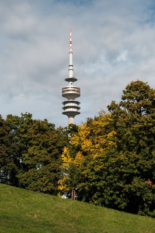 Free View of the Olympic Tower rising above autumn trees in Munich, Germany. Stock Photo