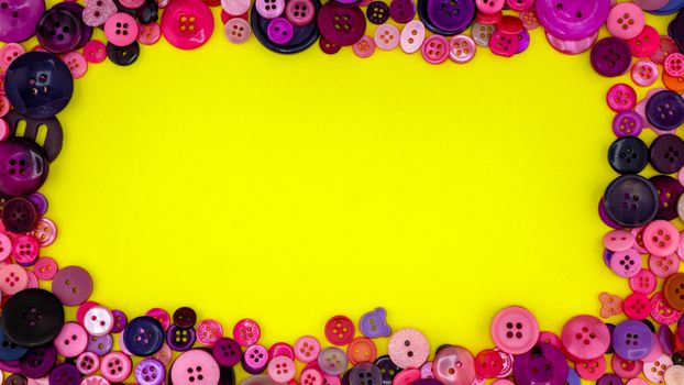 Vibrant purple and pink buttons forming a frame on a bright yellow background.