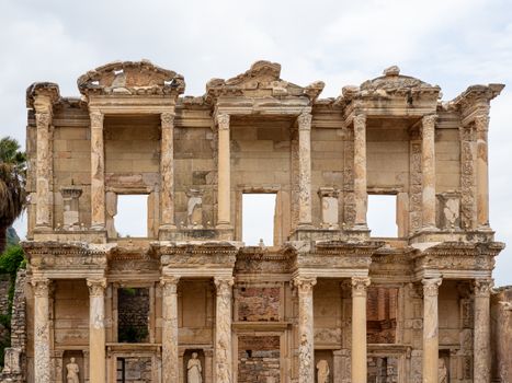 Detailed view of the ancient Library of Celsus facade in Ephesus, Turkey. Iconic Roman architectural site.