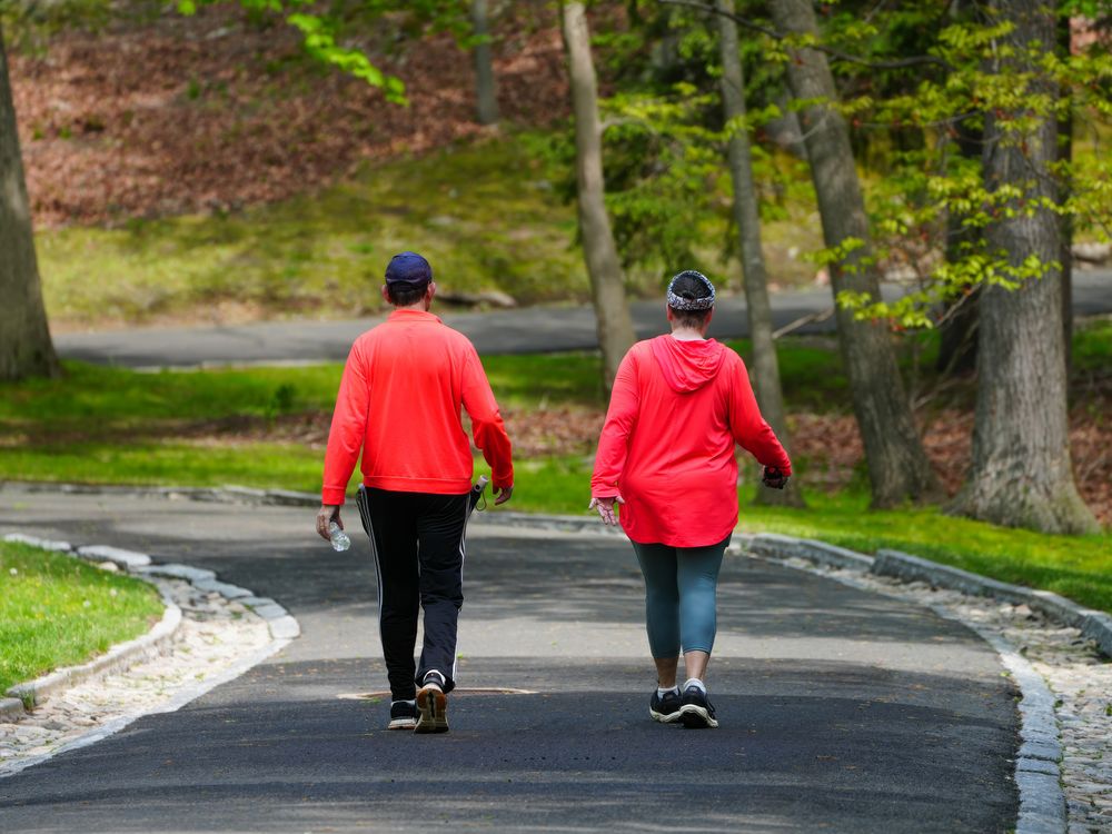 Couple enjoying a walk in a green park