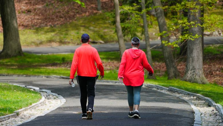 Couple enjoying a walk in a green park