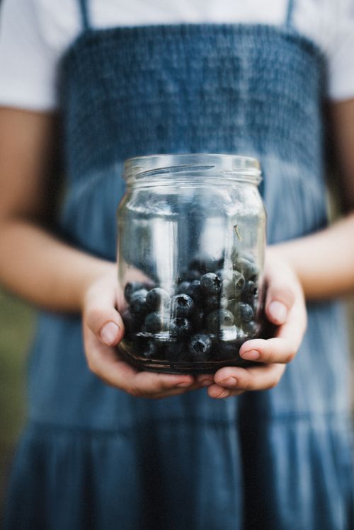Free A young girl in a blue dress holds a glass jar filled with fresh blueberries. Stock Photo