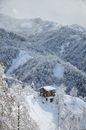 白雪皑皑的小屋坐落在高耸的山峰上，周围环绕着霜冻的大自然，构成一幅田园诗般的冬日场景
