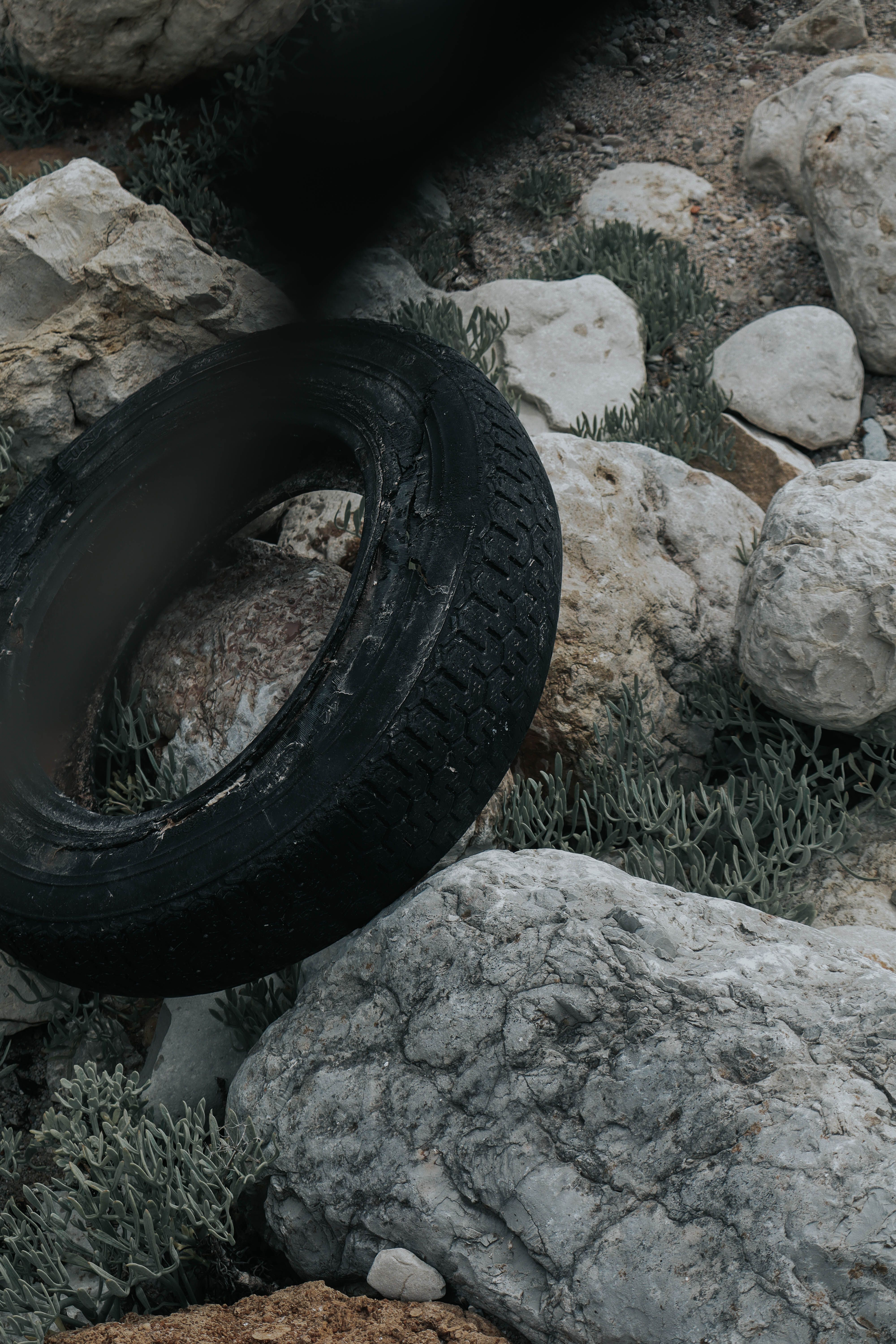 Old tire among rocks in a natural setting · Free Stock Photo