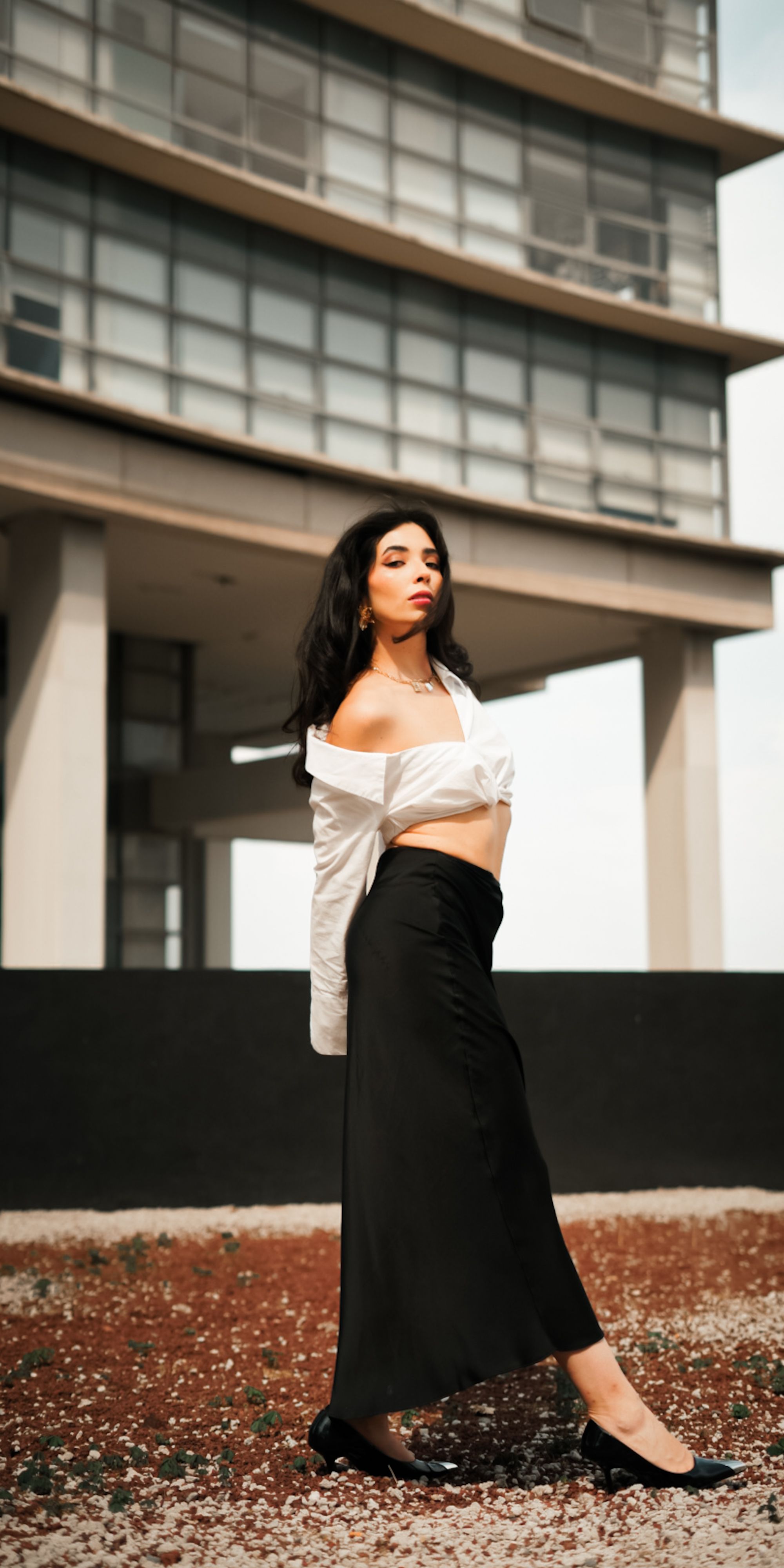 Fashionable Woman Posing Outdoors by Modern Building