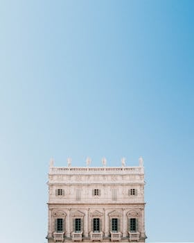 Minimalist architectural shot featuring a historical building facade against a clear blue sky, perfect for backgrounds.