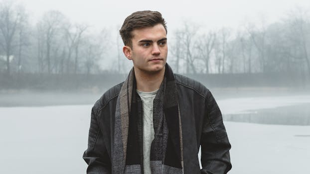 雾气缭绕的宁静背景下，一位冬季户外穿着夹克的年轻人肖像