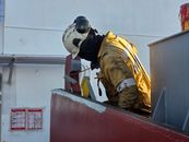 Worker in safety gear painting a red metal structure outdoors, enhancing industrial aesthetics.