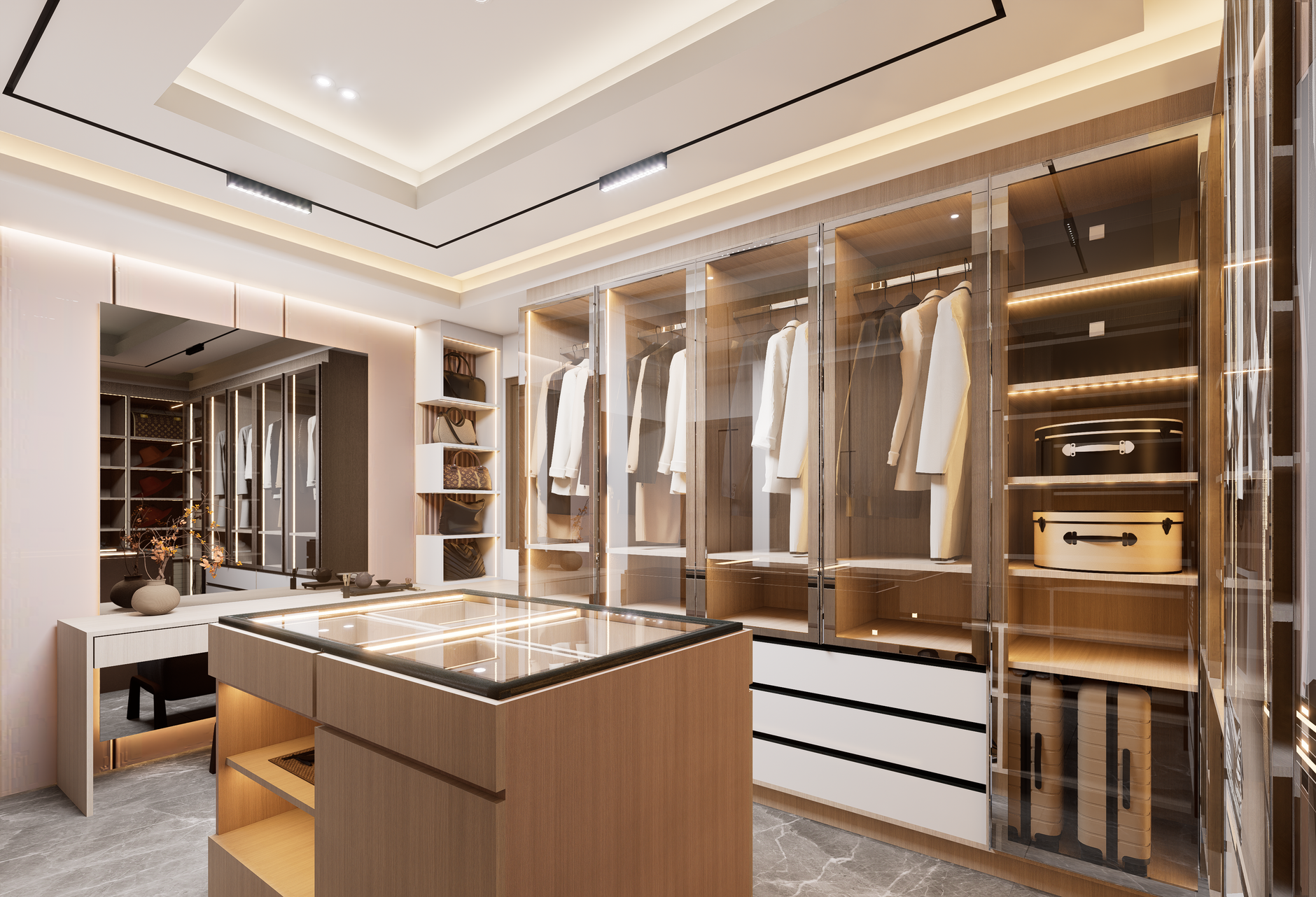 A spacious, luxurious walk-in closet with contemporary design and elegant lighting