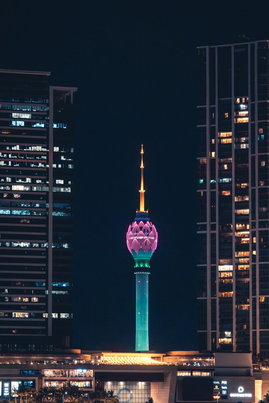 The Lotus Tower lit up at night