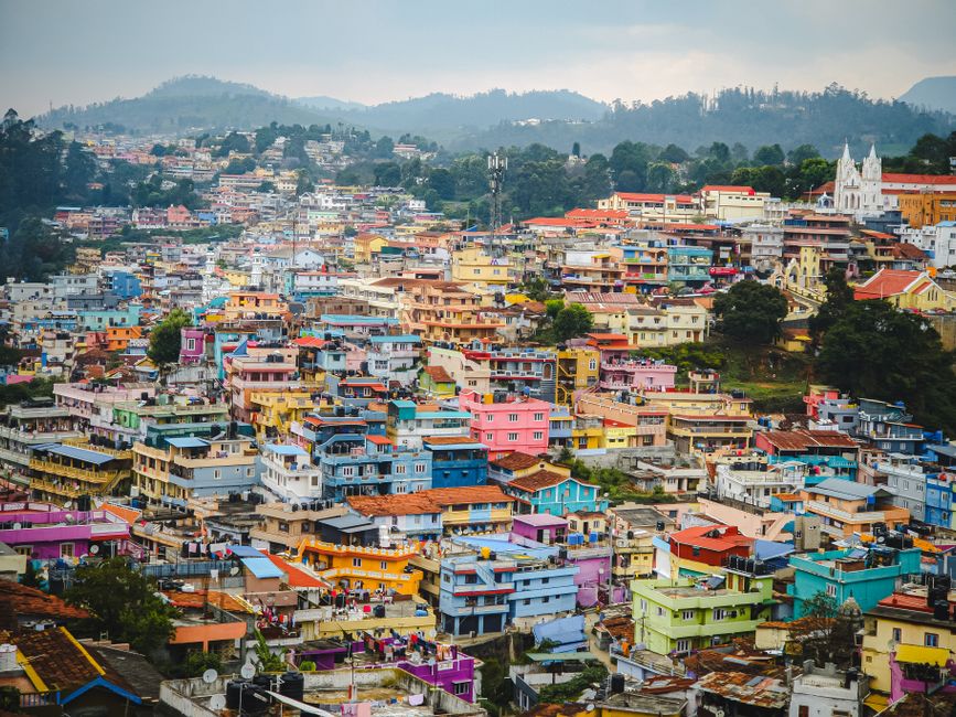 Vibrant aerial view of colorful rooftops in Ooty, India, showcasing urban diversity and vibrant architectural design.