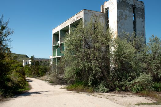 Explore the haunting beauty of an abandoned Soviet-era building amidst lush greenery in sunny Kerch.