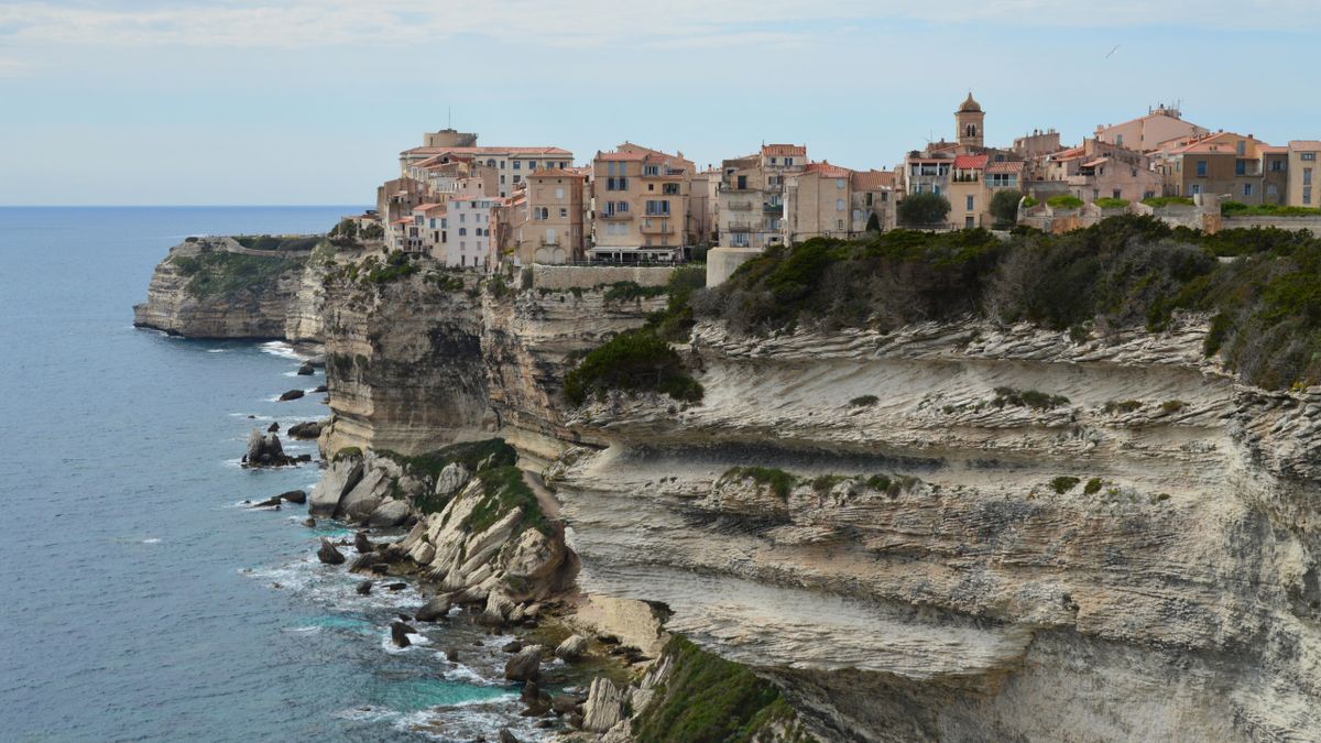 The medieval old town of Bonifacio perched on white limestone cliffs