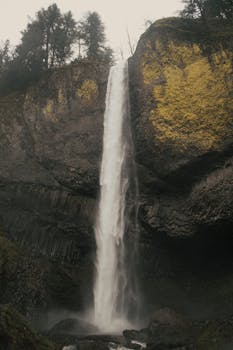 俄勒冈州，一条瀑布从岩石悬崖上倾泻而下，展现了大自然的壮丽之美
