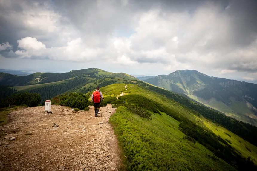 Hiker on a scenic trail through the lush Tatra Mountains under a cloudy sky.
