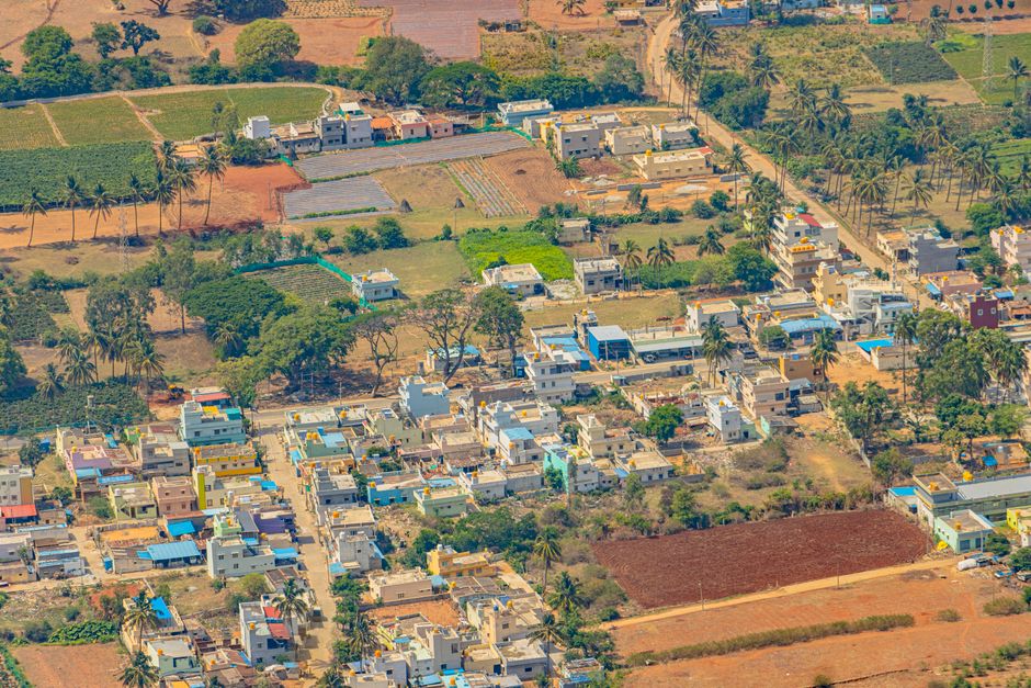 Colorful aerial view of Nandi Hills town and surrounding landscape, Karnataka, India.
