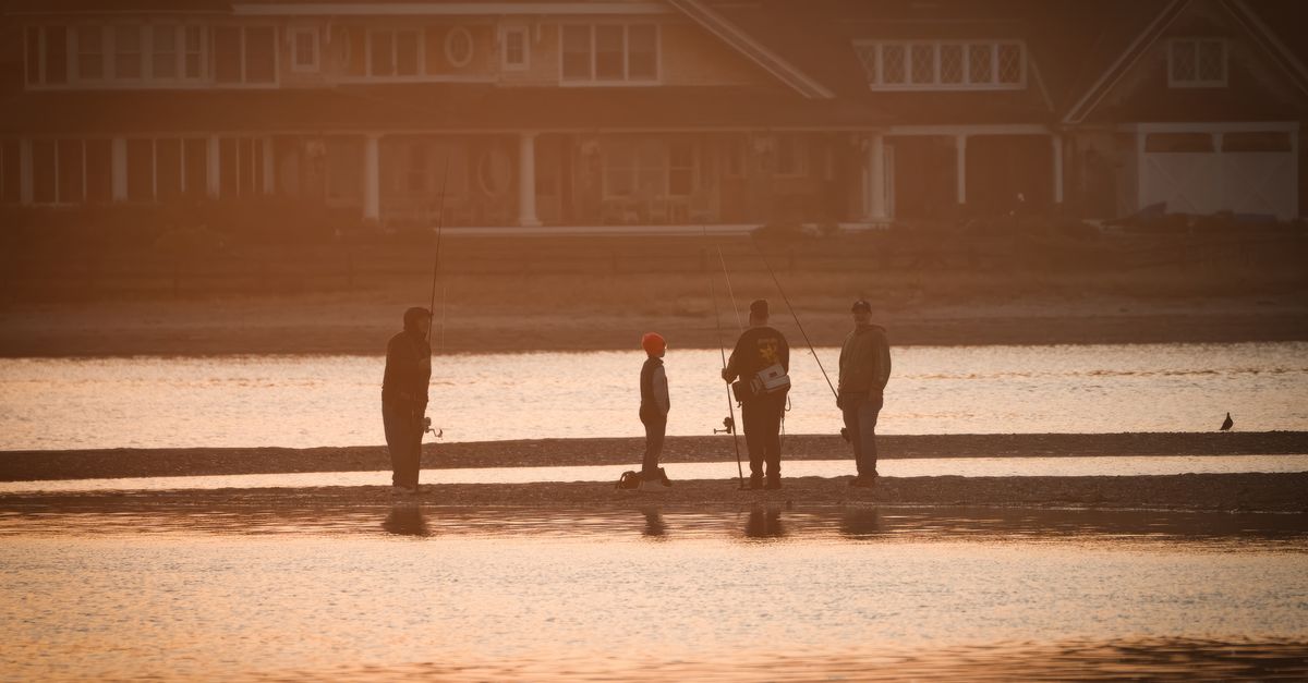 Group of people fishing by the shore at sunset with a house in the background.