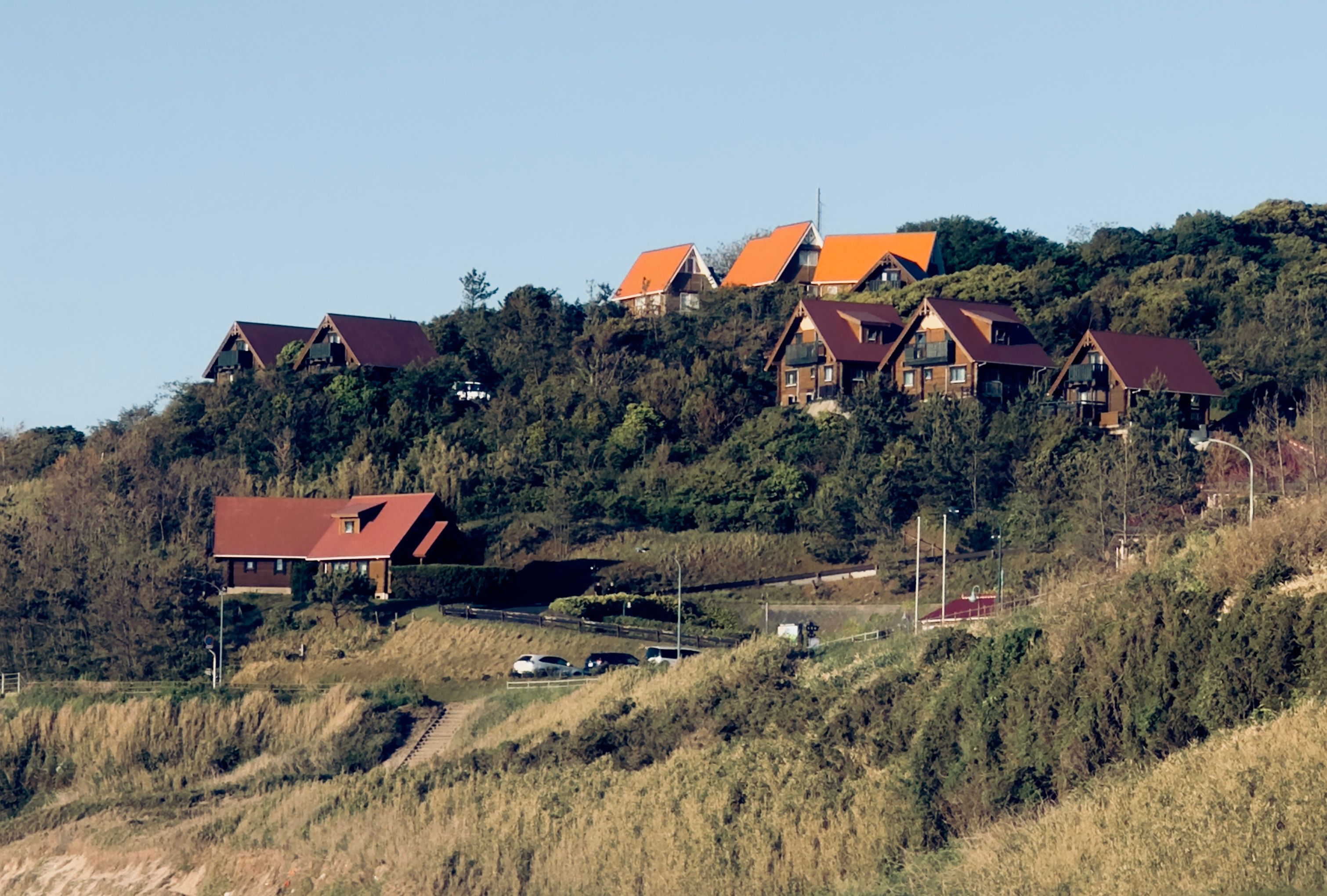 Picturesque hillside cabins with vibrant rooftops surrounded by lush greenery under a clear blue sky.