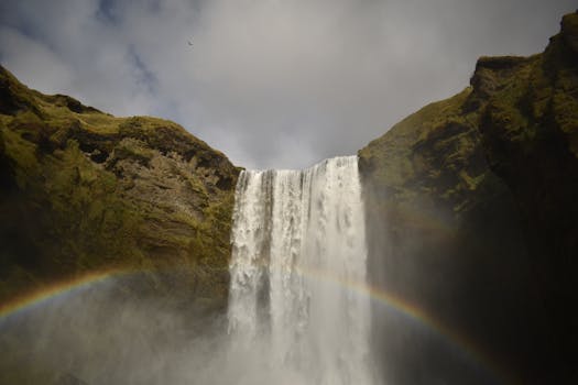 Capture the majestic Skogafoss waterfall in Iceland with a vivid rainbow below, showcasing nature's beauty.