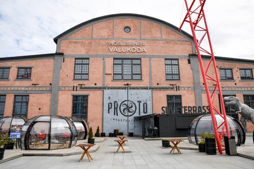 Free Explore the modern Proto Invention Factory with dining pods in Tallinn's Noblessner district. Stock Photo