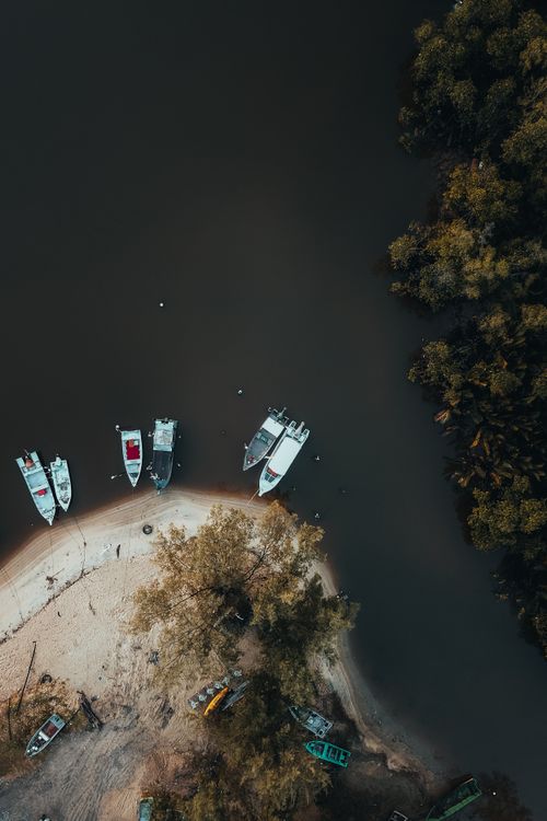 Aerial View of Boats Docked by a Sandy Shoreline · Free Stock Photo