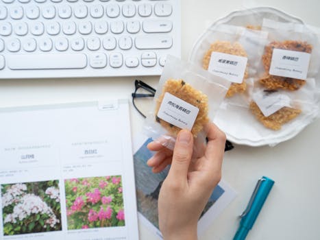 一个无法辨认的人拿着笔记本电脑在桌上工作时，从带有标签的透明包装中拿走饼干的顶视图