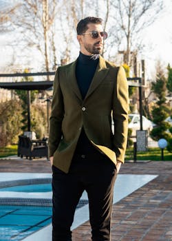 秋日度假期间阳光明媚，一位自信的年轻人戴着墨镜，身穿时髦西装，双手插兜站在度假村游泳池边