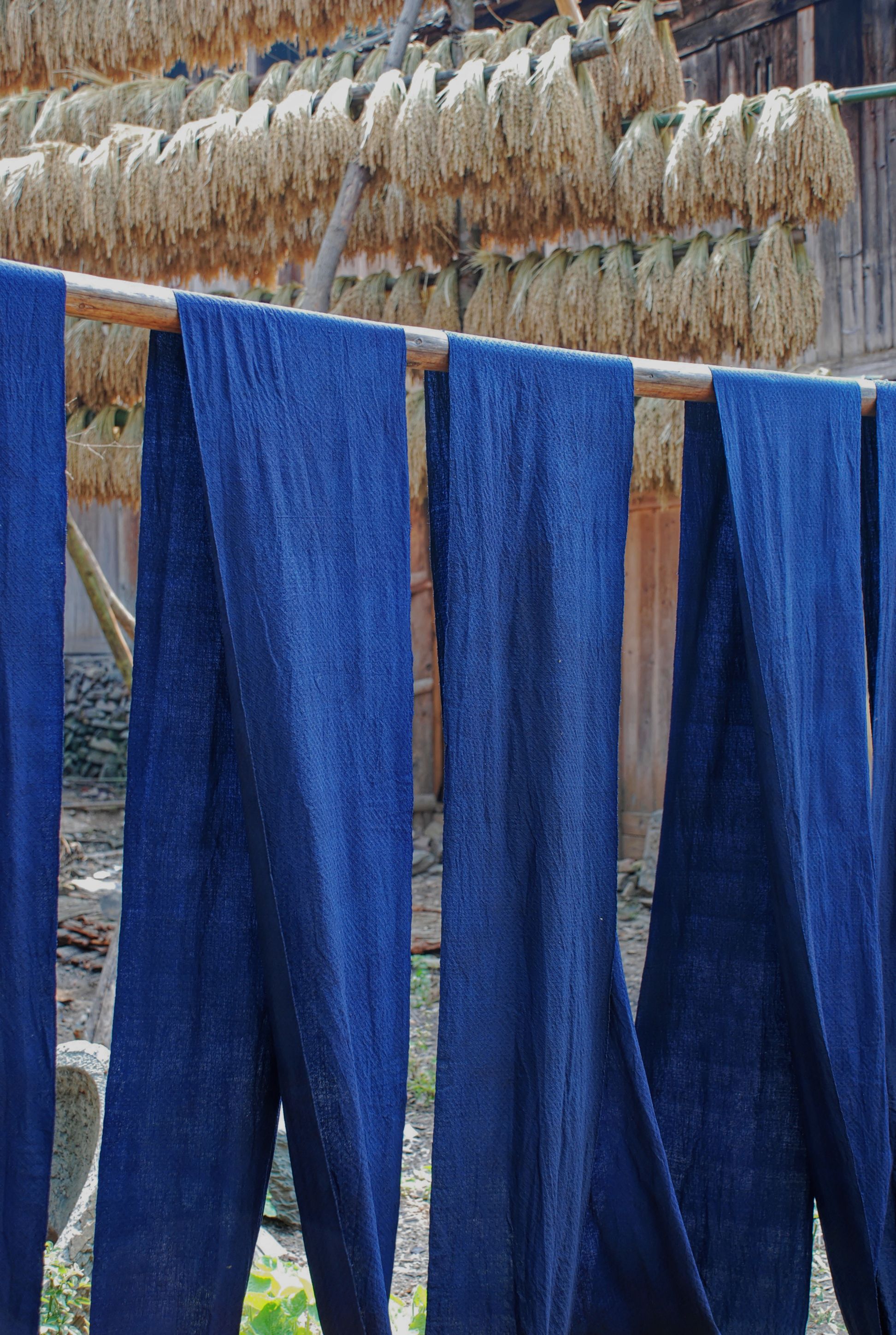 Indigo-dyed fabric dries outdoors on a rack beside bundles of straw, showcasing traditional textile methods.
