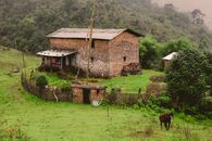 Charming stone house with farmyard in verdant mountain scenery, exuding rustic tranquility.