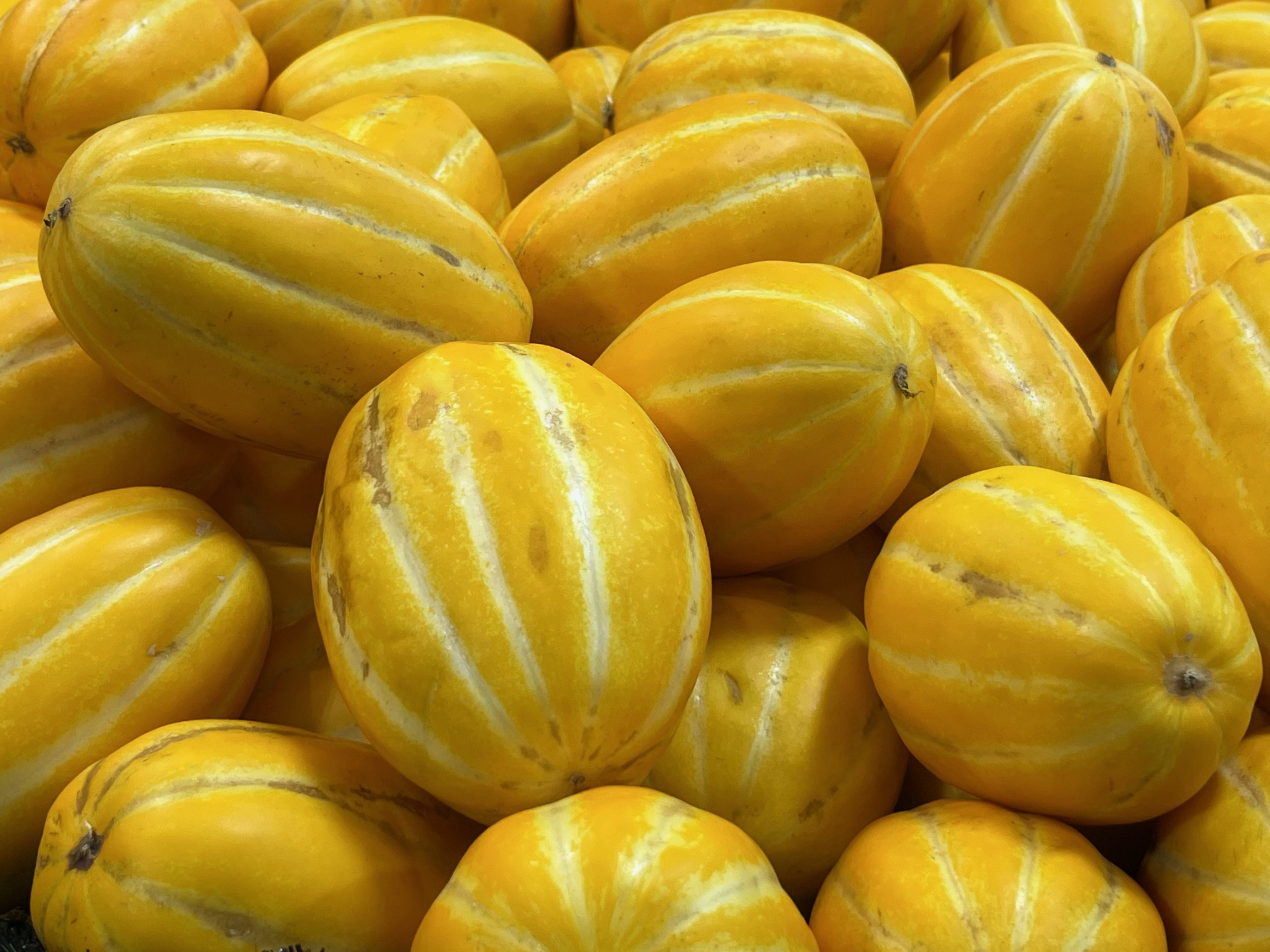 Vibrant yellow melons stacked together, showcasing freshness and organic produce.