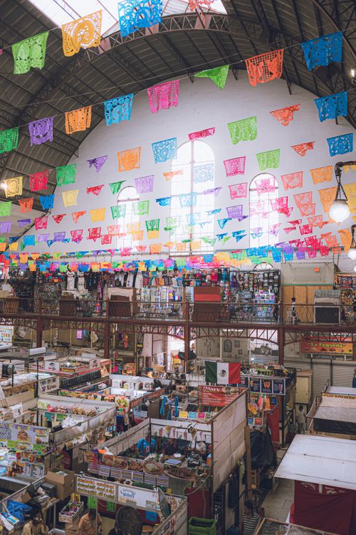 Free Vibrant interior view of Mercado Hidalgo in Guanajuato, showcasing colorful decorations and market stalls. Stock Photo