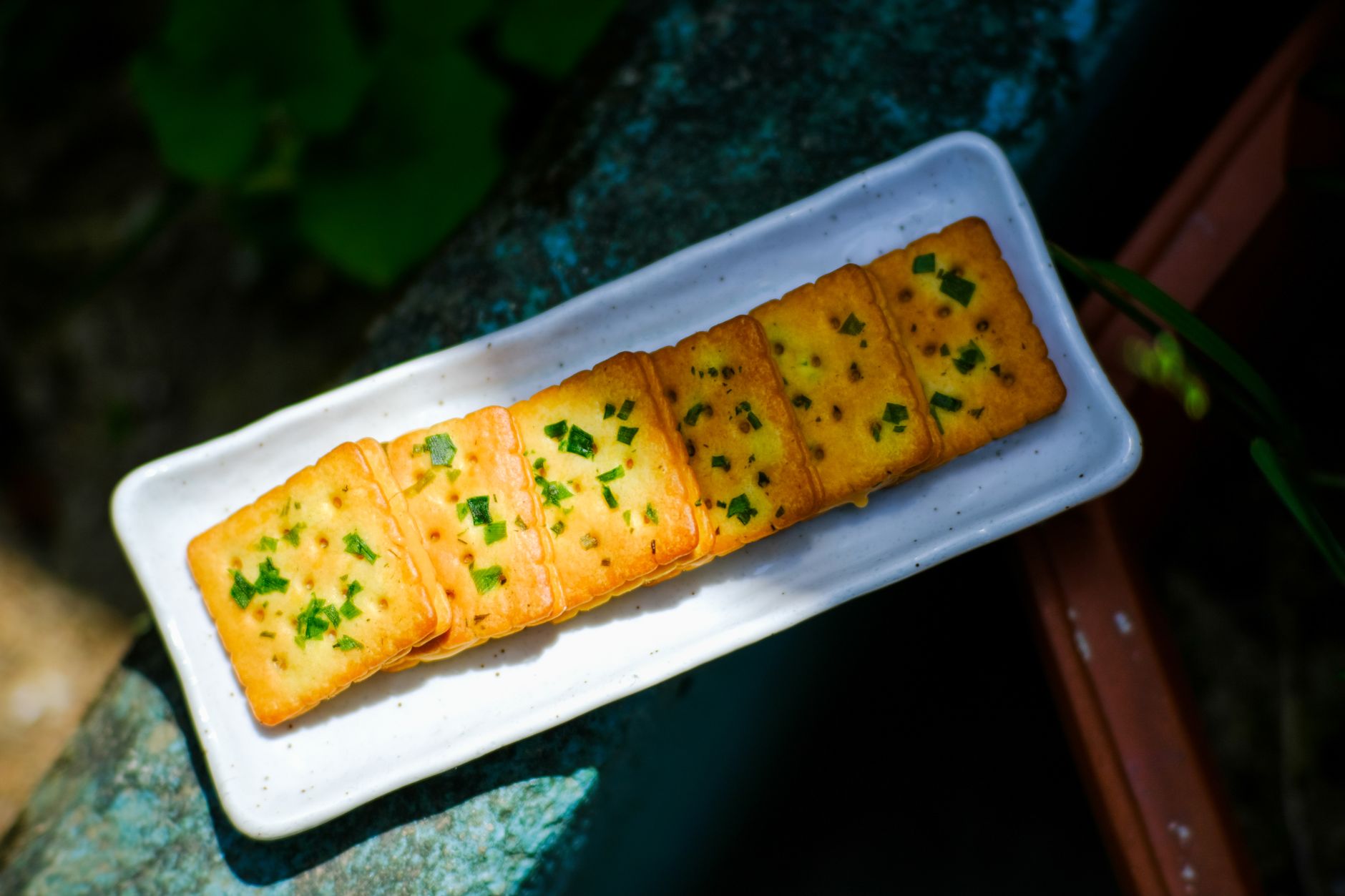 Savoury Vietnamese herb crackers on a white porcelain plate in Hue, Vietnam.