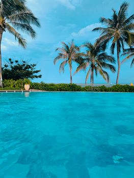 Relaxing view of a tropical pool surrounded by palm trees under a clear blue sky.