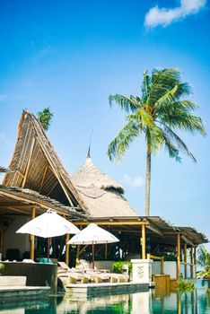 A serene tropical beach villa in Bali featuring lush palm trees and a tranquil poolside setting.