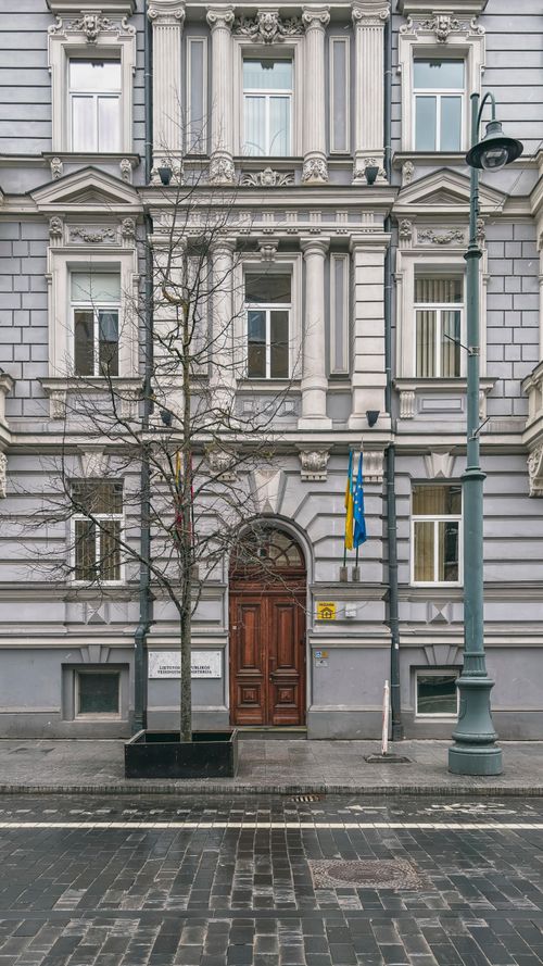 Free Classical facade of a historic building with flags in Vilnius, Lithuania. Stock Photo