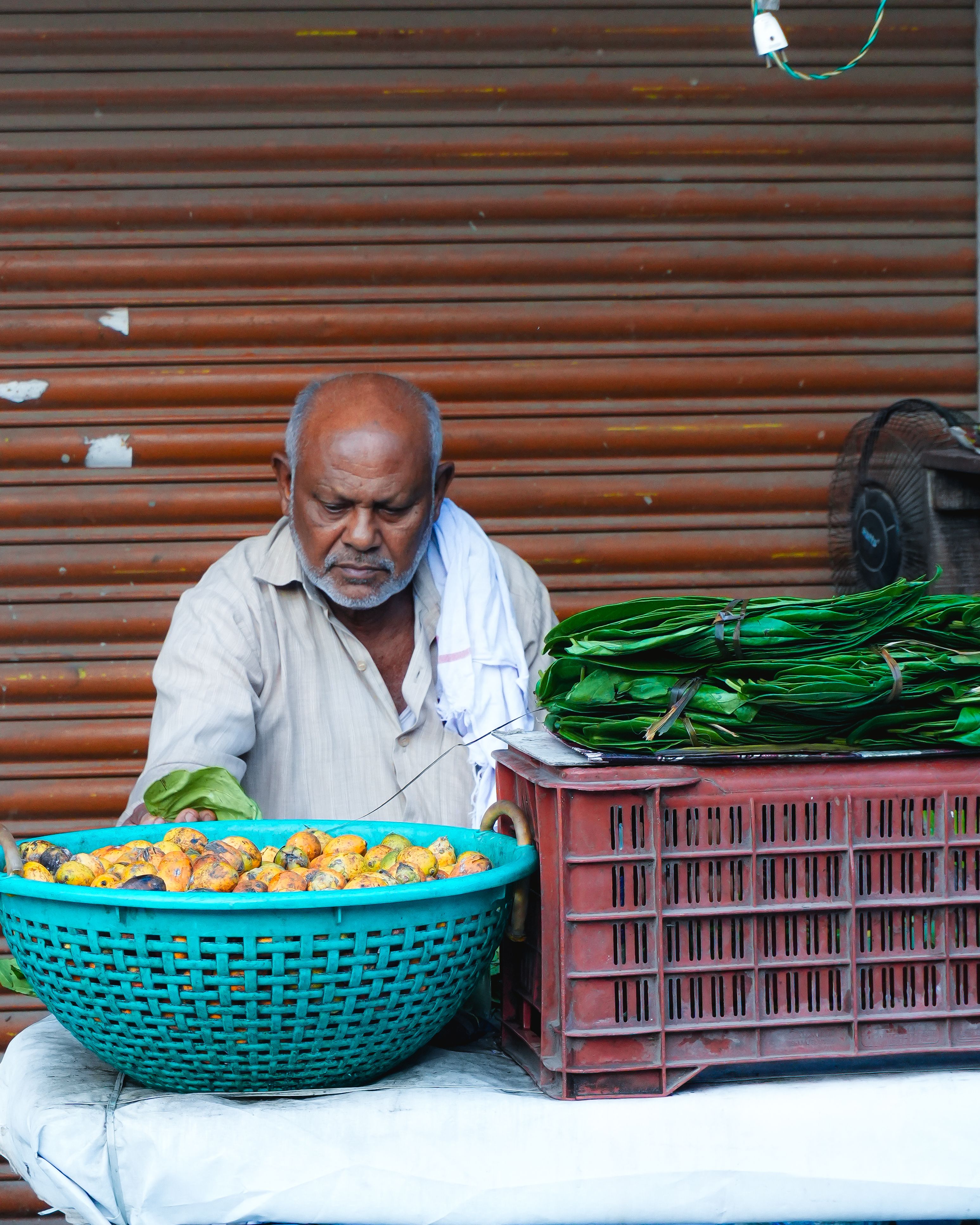 Elderly man selling areca nuts and leaves at Thiruvananthapuram market stall.