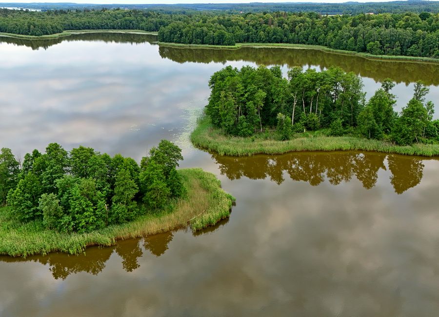 A stunning aerial view of lush islands surrounded by water in Podlaskie, Poland, during summer.