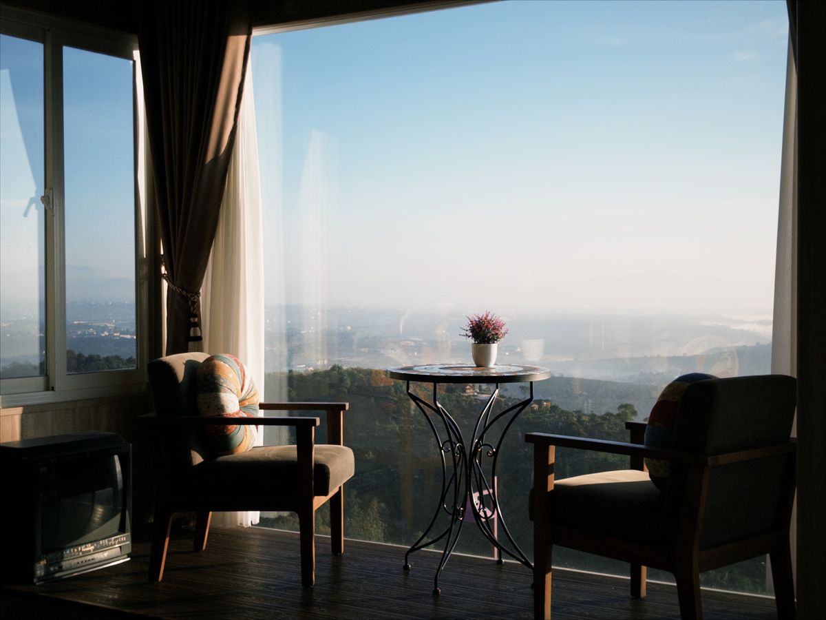 Indoor seating with a scenic mountain view