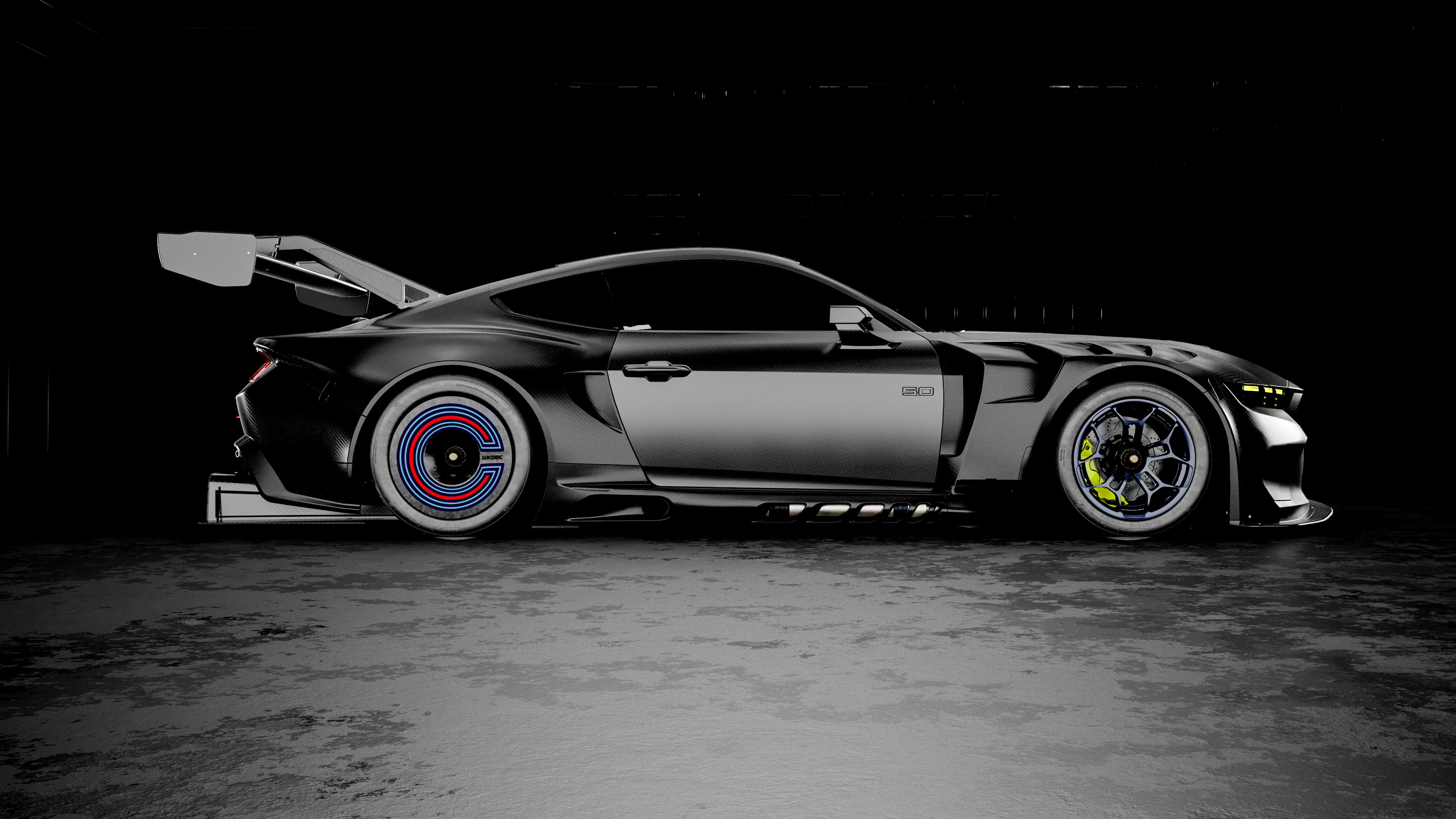 A low-slung sports car with an aerodynamic profile in a dark garage.