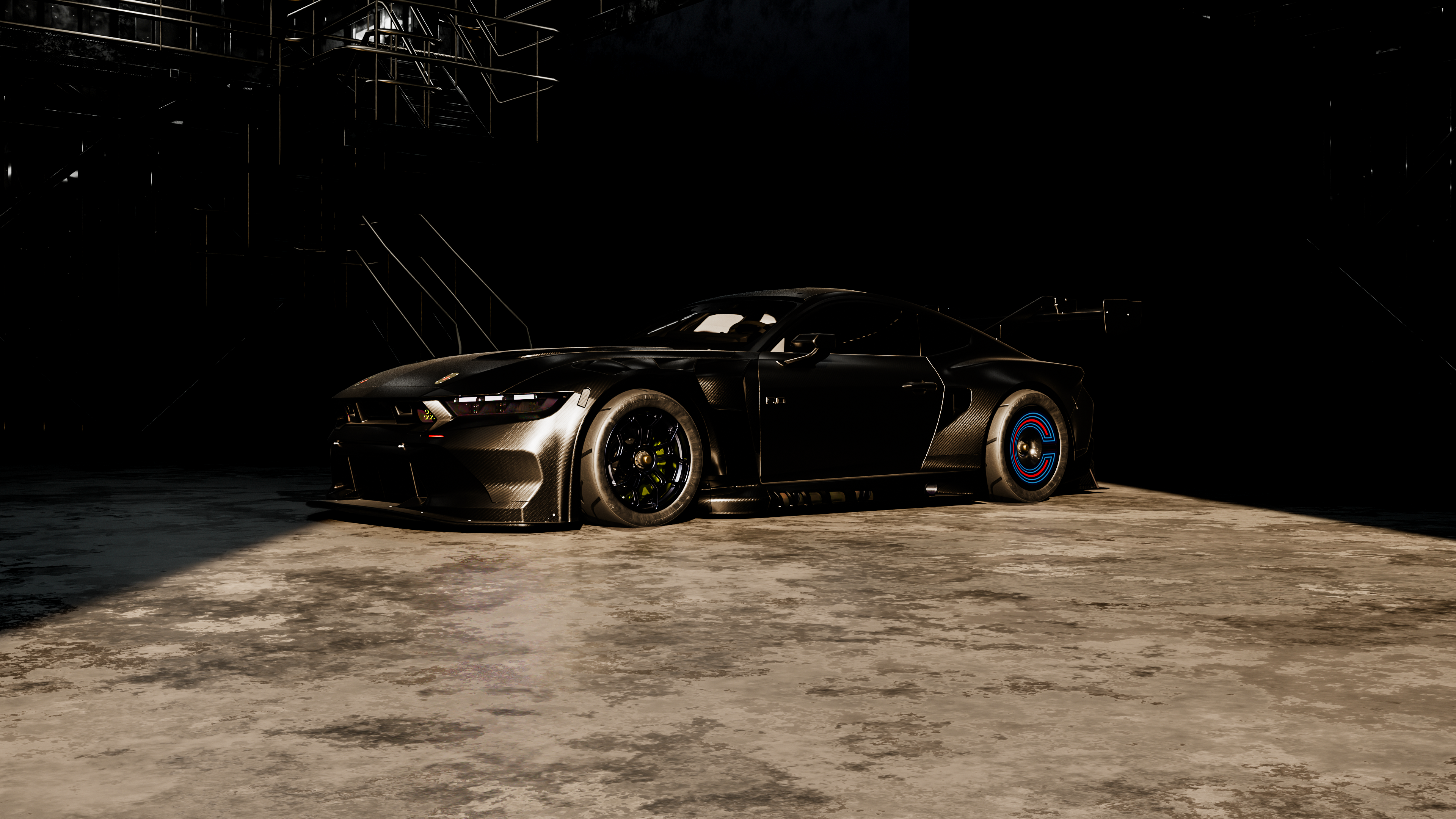 Elegant black sports car showcased in a dark industrial space, exuding power.