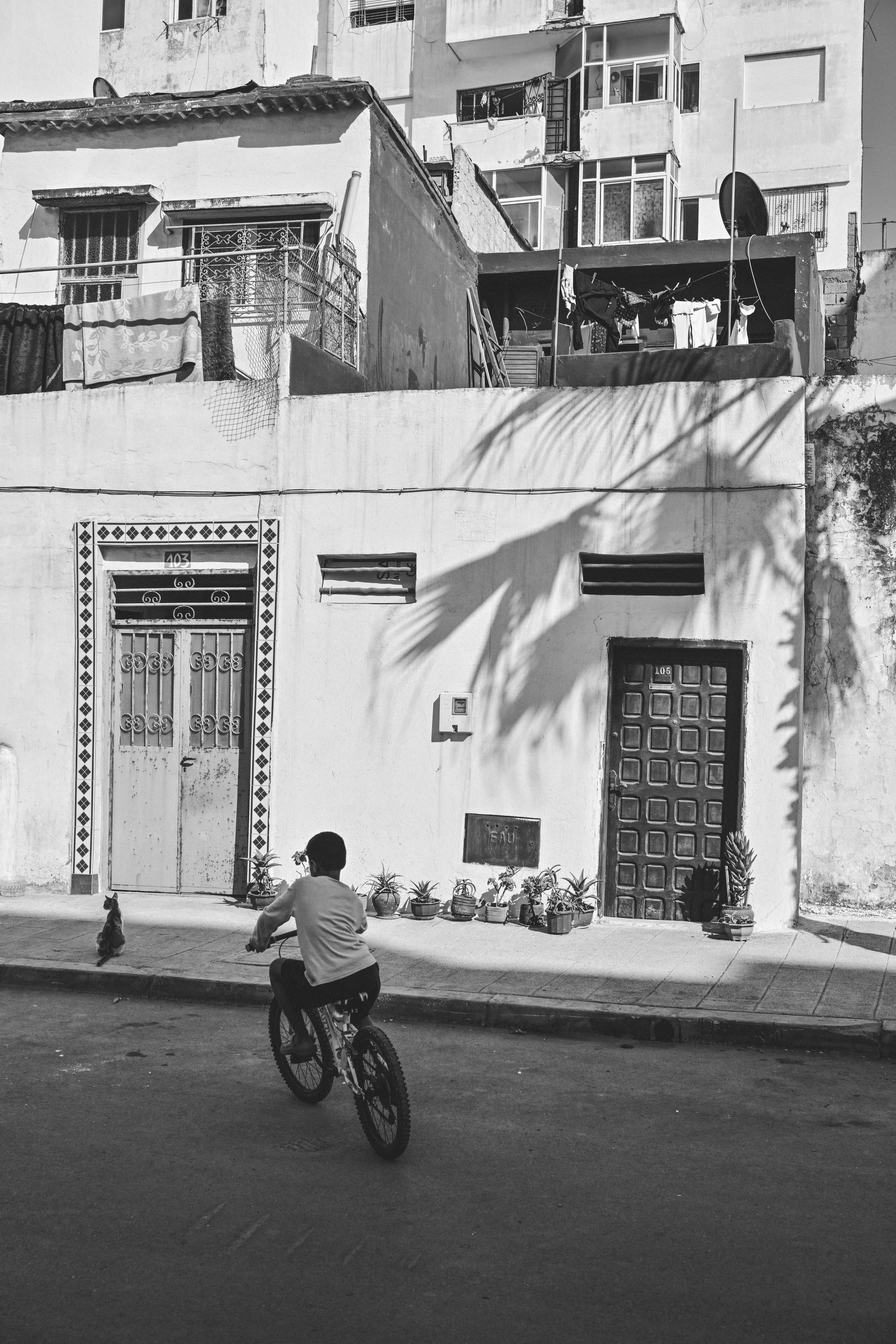 Black and white urban street scene with cyclist passing traditional architecture.