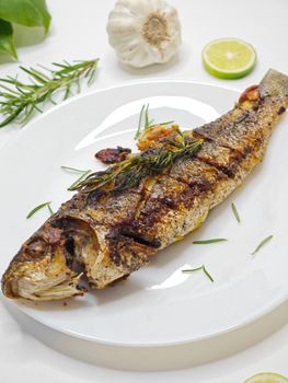 Delicious grilled fish with rosemary and lime on a white plate.
