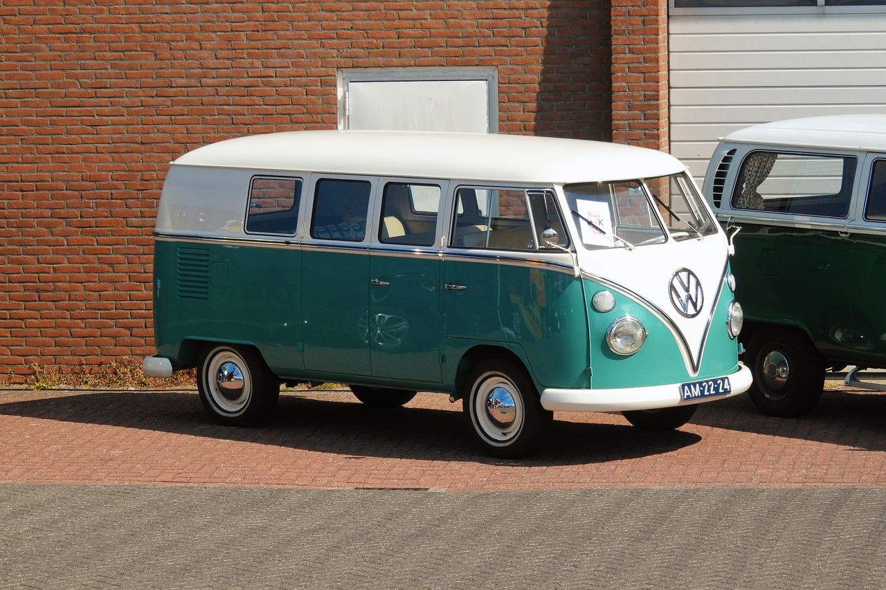 classic volkswagen camper van parked outdoors against a brick wall sho