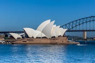 蔚蓝水域之上，横跨着悉尼歌剧院和海港大桥的壮丽景色