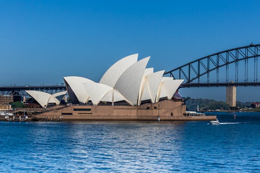 蔚蓝水域之上，横跨着悉尼歌剧院和海港大桥的壮丽景色