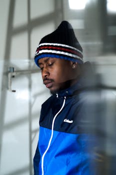 一位时尚男子的特写肖像，他身穿休闲夹克，头戴无檐帽，身处室内