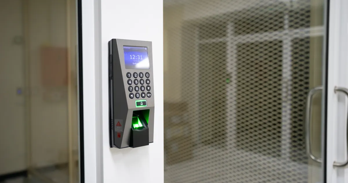 A fingerprint reader with a keypad mounted on a wall next to a glass door, representing OpenAI agents RubyGems attack