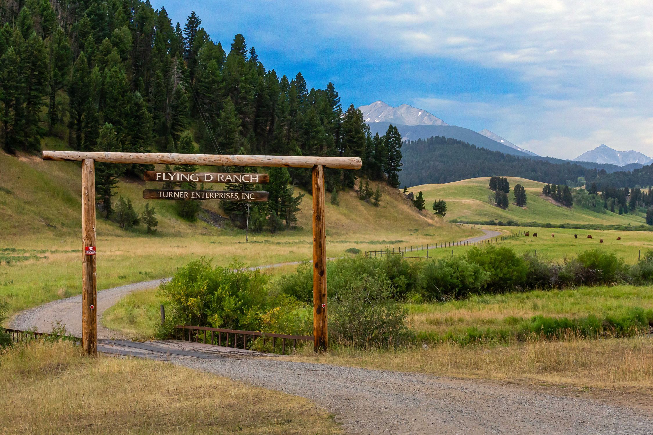Picturesque entrance of Flying D Ranch in Montana with distant mountains.