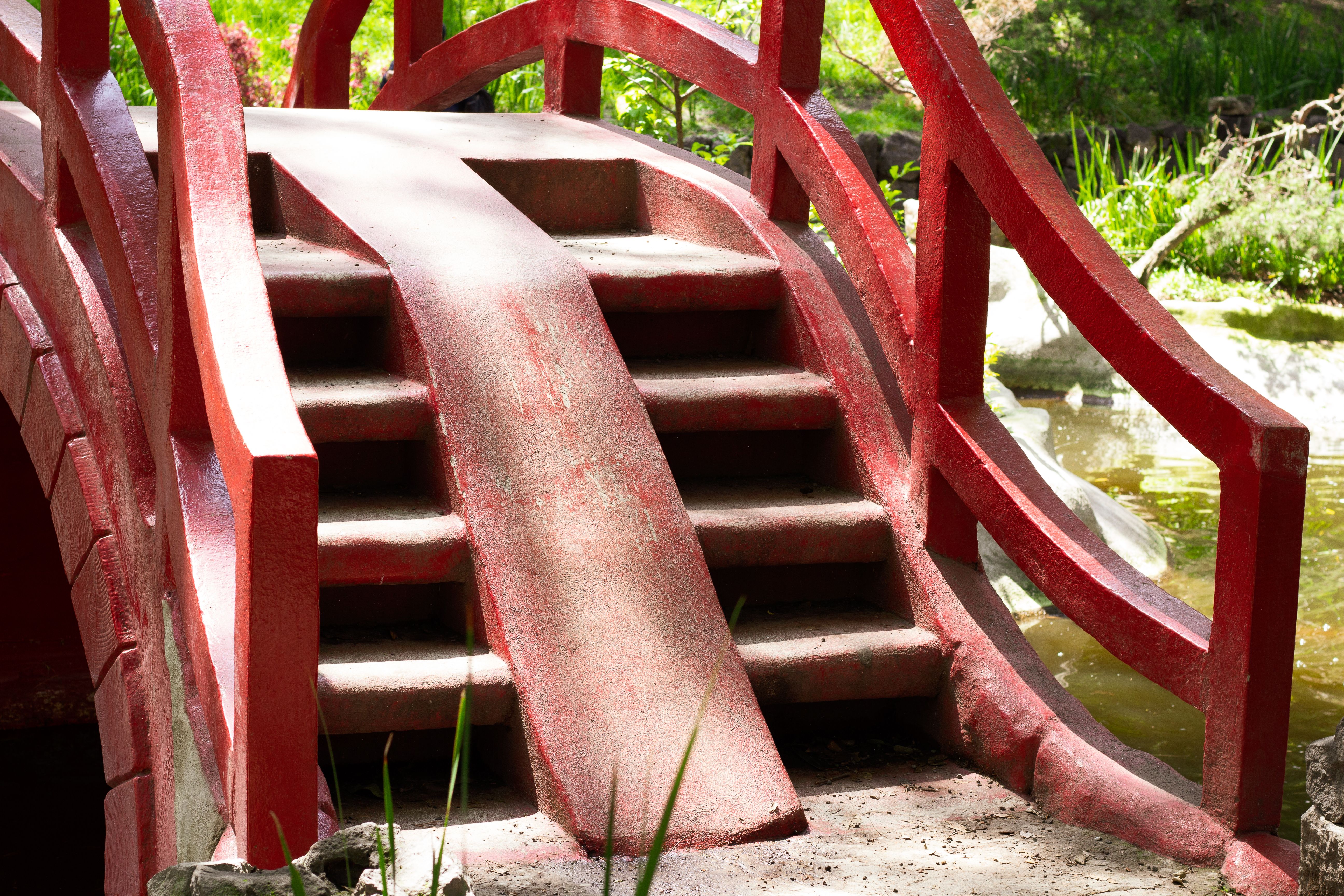 Traditional Red Bridge in Lush Park Setting · Free Stock Photo