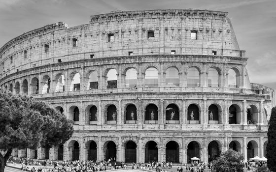 Stunning black and white photo of the iconic Colosseum in Rome, Italy, showcasing architectural grandeur.